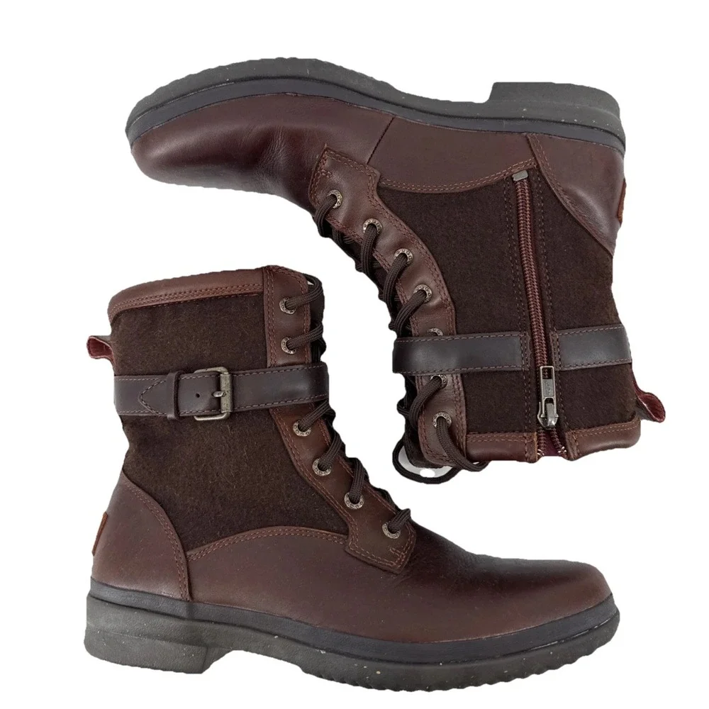 UGG Kesey Waterproof Boots Women 9 Brown Leather Suede Sheepskin Lace Up